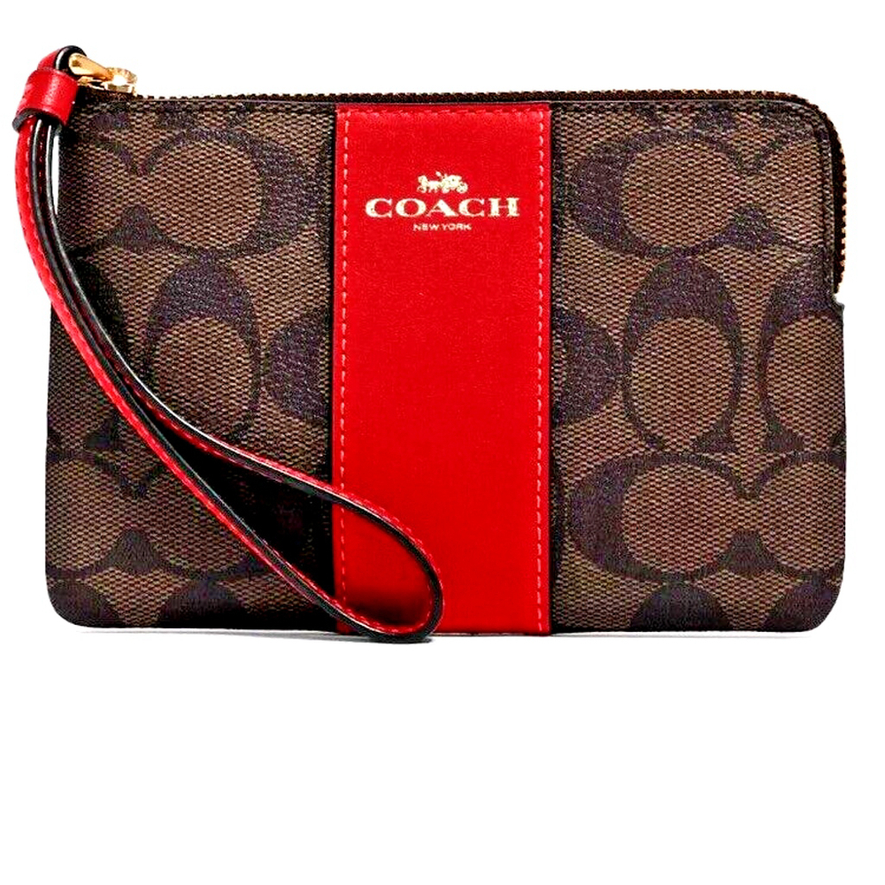 NWT Coach Corner Zip Wristlet In Signature Canvas Brown / Red New
